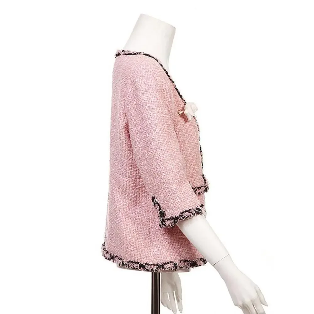 2007 CHANEL FR-34 Vintage 07P TWEED Pink Black Jacket Trim CC logo Buttons US-2 - Picture 4 of 15